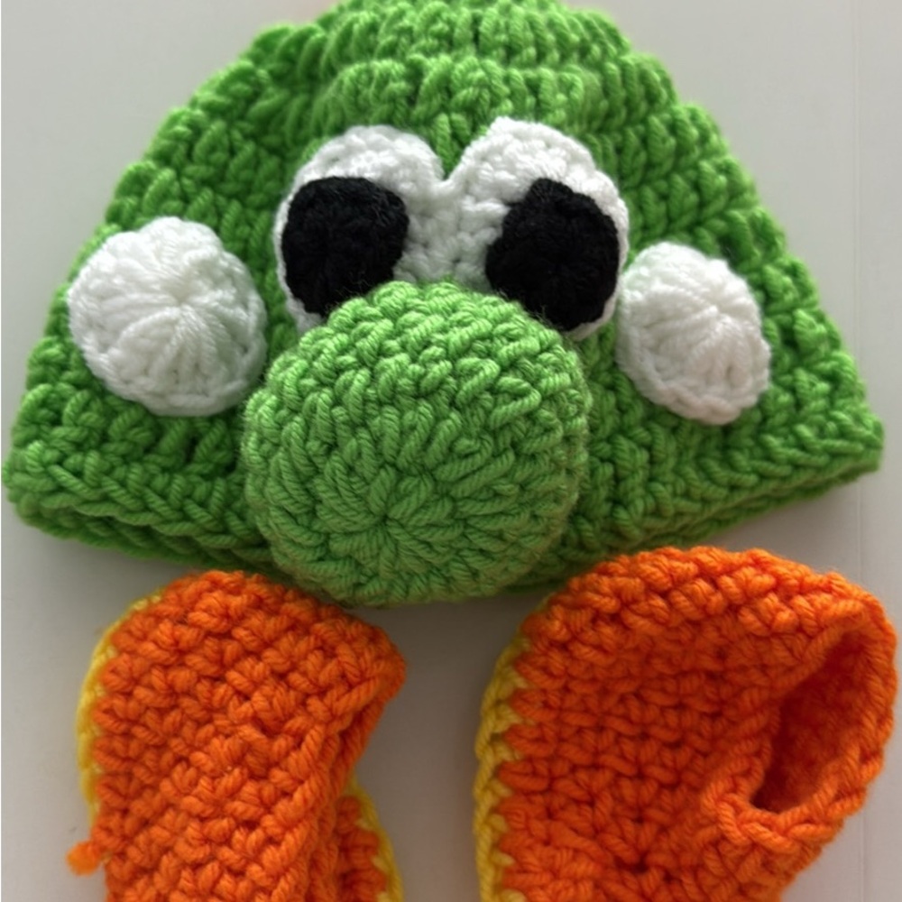Green and Orange Crochet Hat and Booties Set